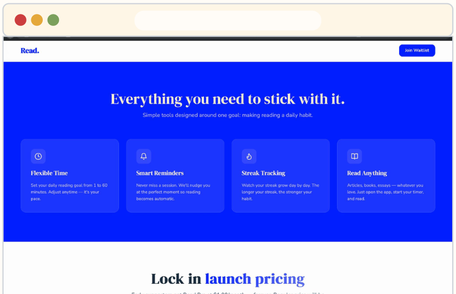 Features section listing flexible time, smart reminders, streak tracking, and read anything