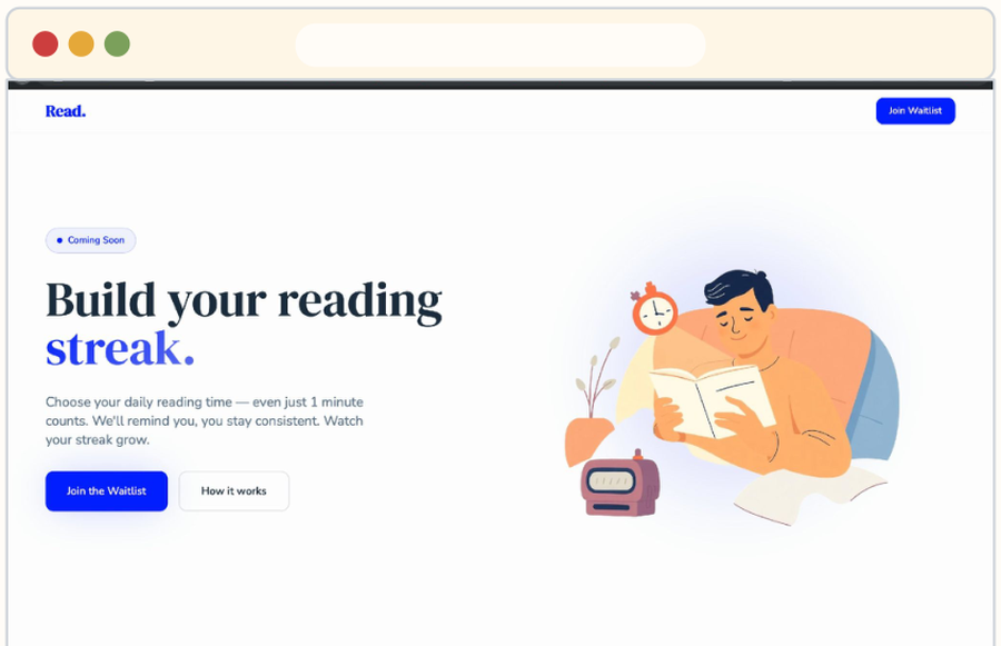 Read Coming Soon landing page used to validate demand, the Fake Front Door test artifact