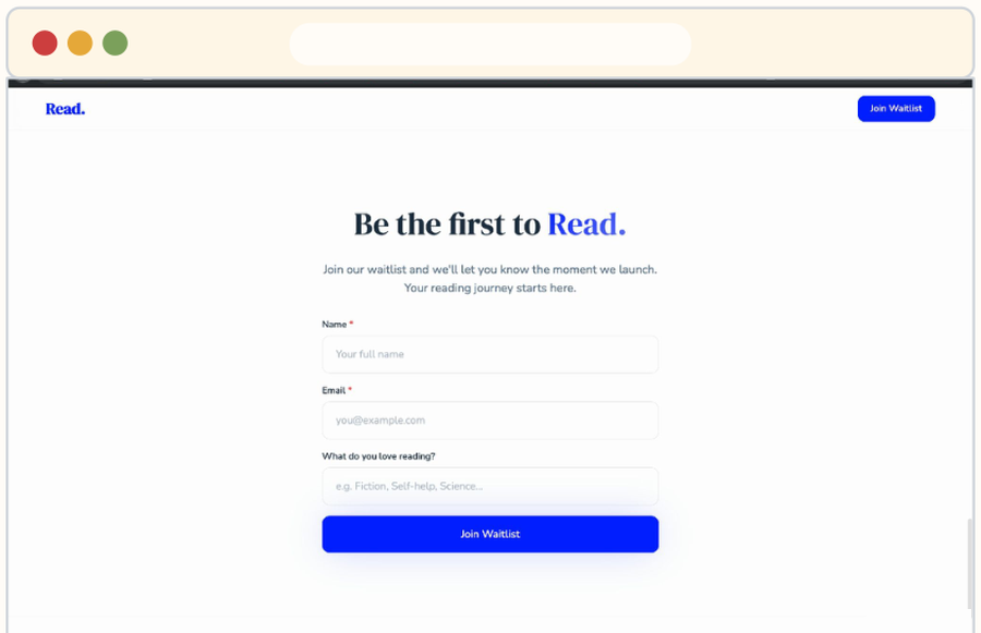 Waitlist signup form capturing name, email, and reading interest