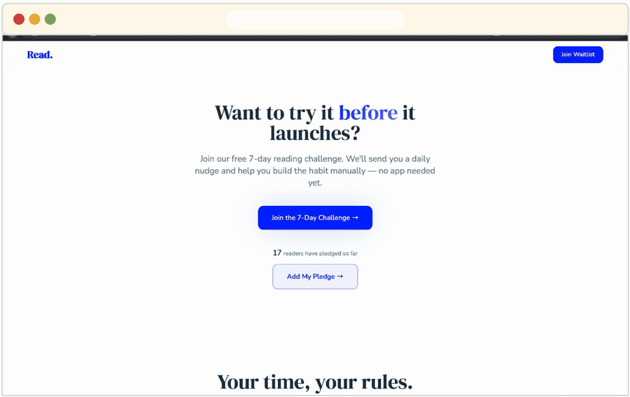 7-Day Reading Challenge CTA embedded on the landing page