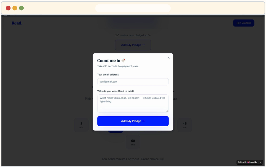 Pledge form asking for an email address and why the user wants Read to exist