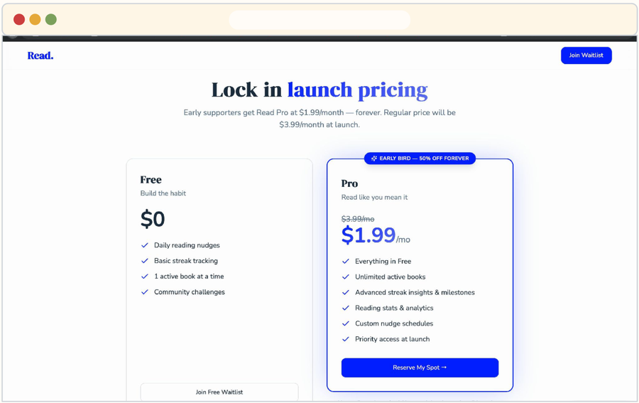 Pricing tiers screen comparing Free and Pro at $1.99/month
